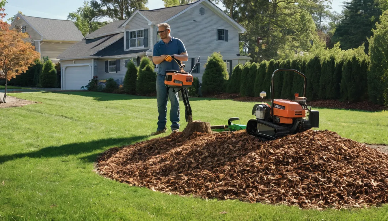 Provider operating a stump grinder on a residential lawn in Scranton, with wood chips flying low to the ground